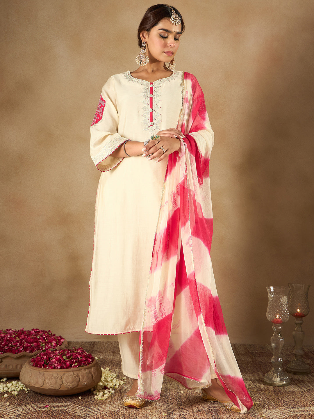 Indo Era Cream Embroidered Straight Kurta Trousers With Dupatta Set