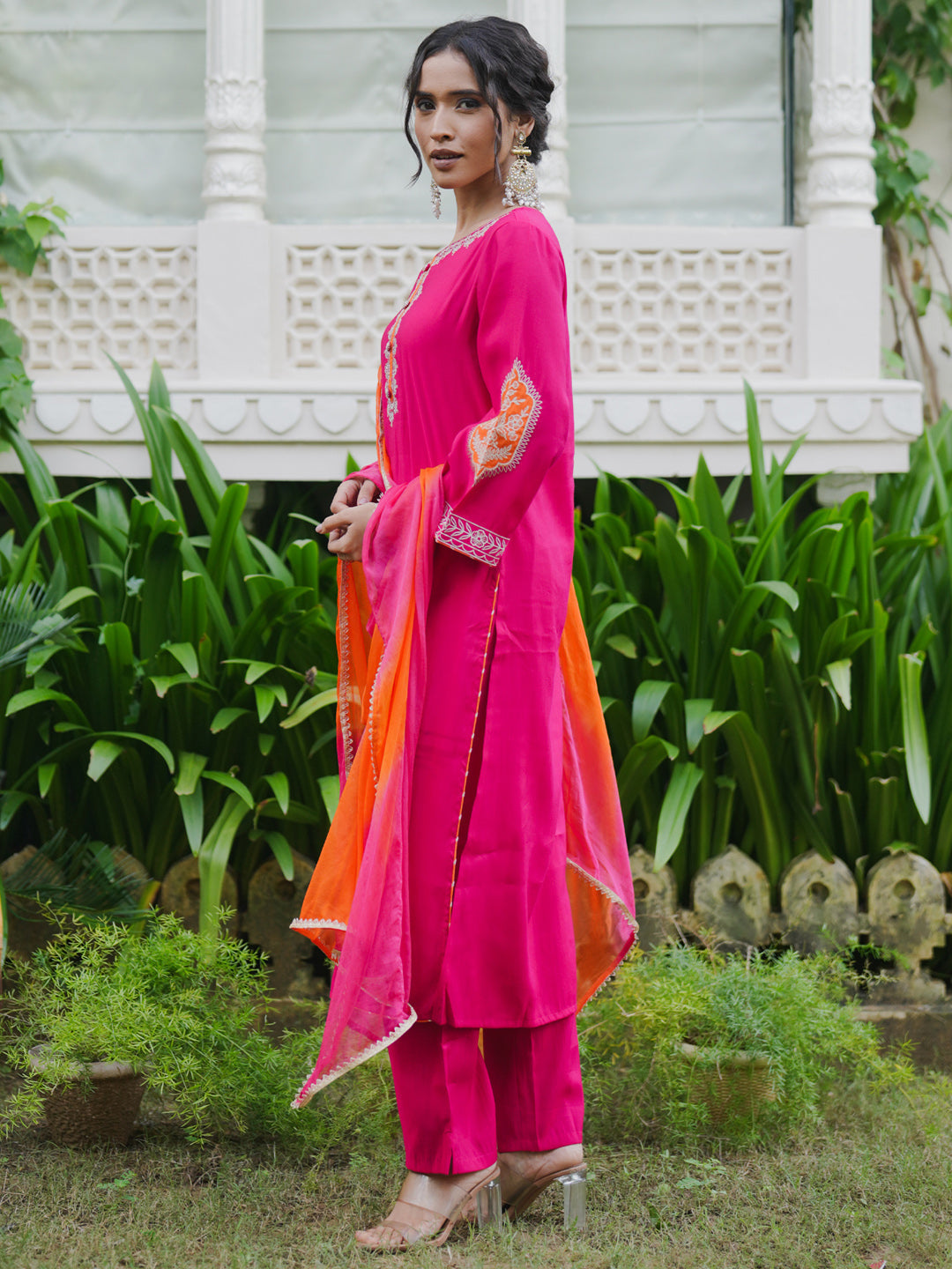 Indo Era Magenta Embroidered Straight Kurta Trousers With Dupatta set