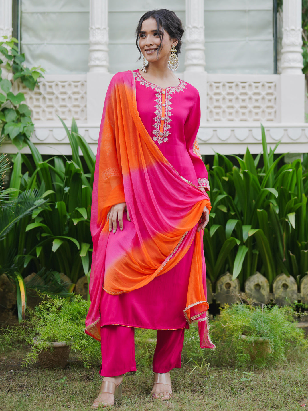 Indo Era Magenta Embroidered Straight Kurta Trousers With Dupatta set
