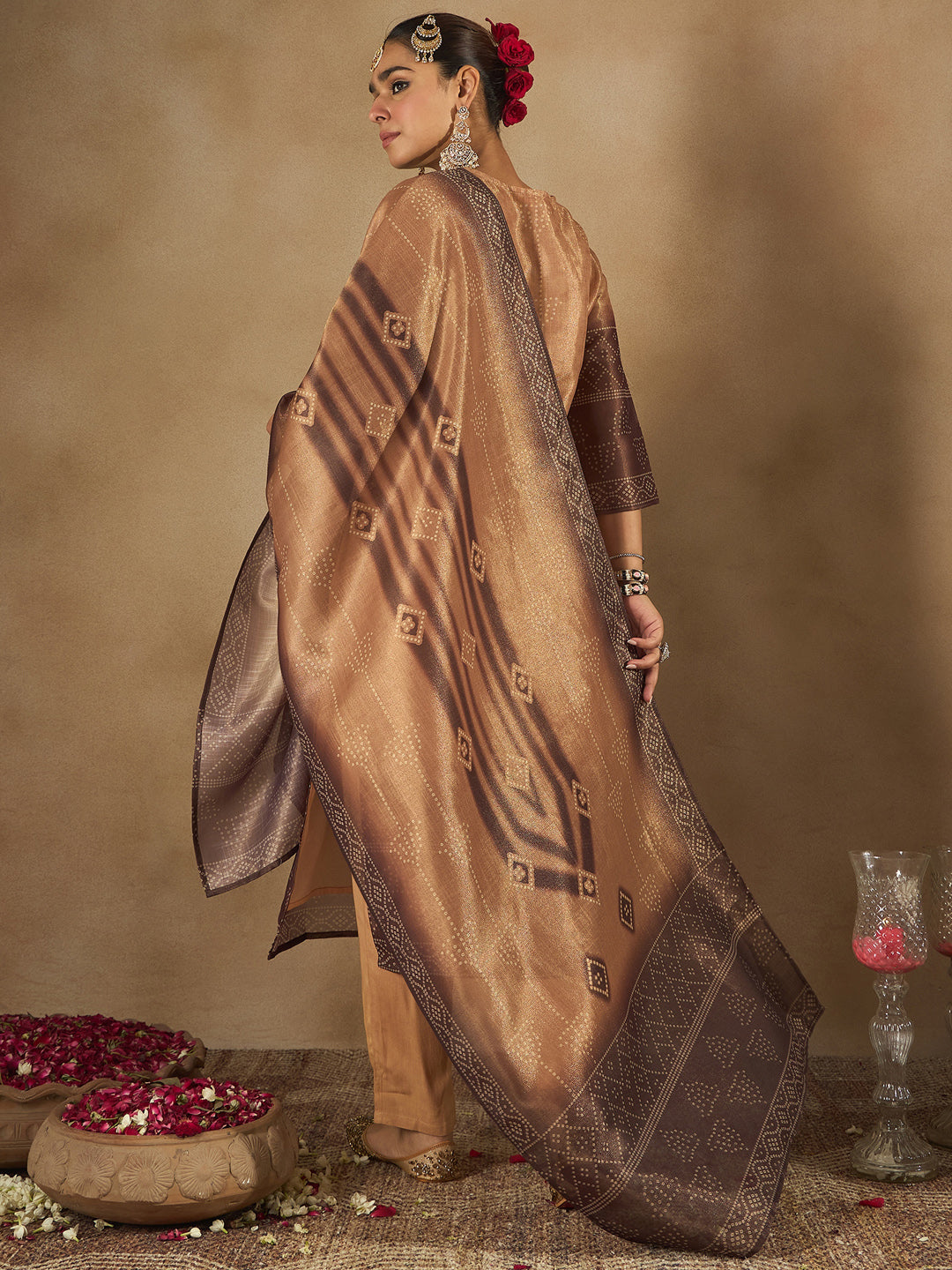 Indo Era Brown Embroidered Straight Kurta Trousers With Dupatta Set