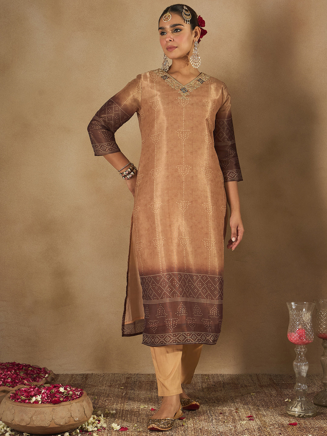 Indo Era Brown Embroidered Straight Kurta Trousers With Dupatta Set