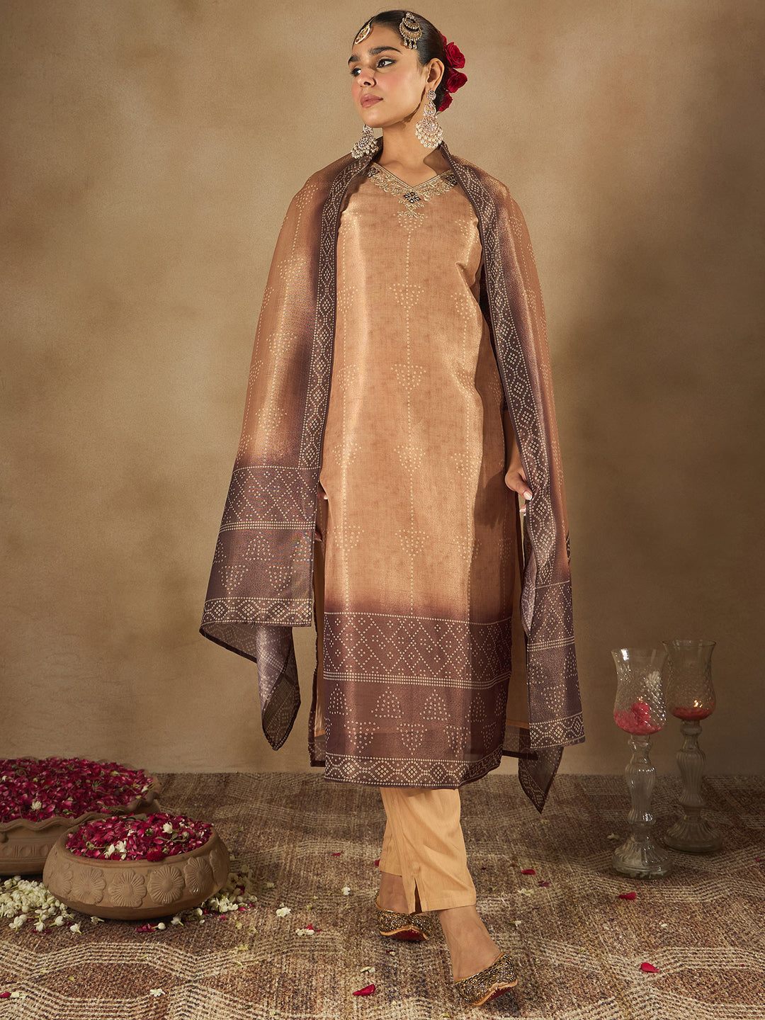 Indo Era Brown Embroidered Straight Kurta Trousers With Dupatta Set