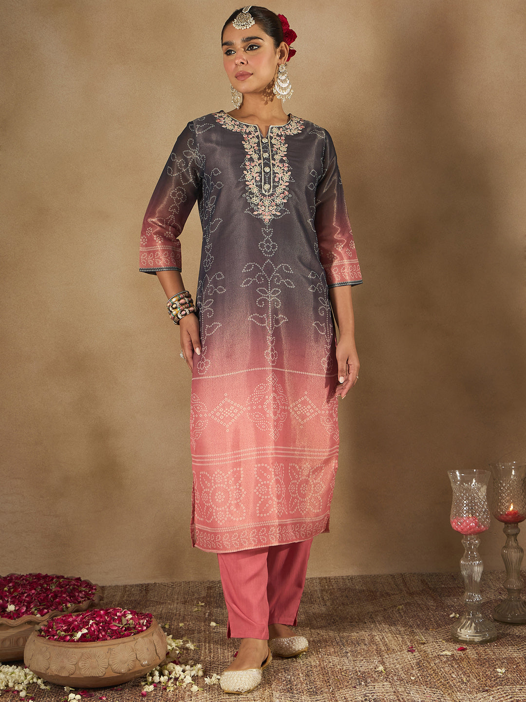 Indo Era Blue Embroidered Straight Kurta Trousers With Dupatta Set