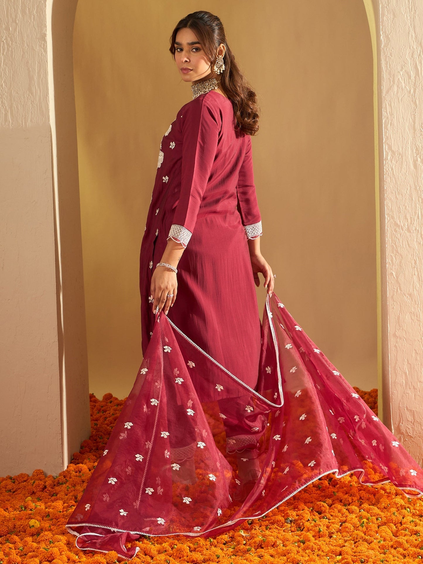 Maroon Embroidered Straight Kurta Trousers With Dupatta Set