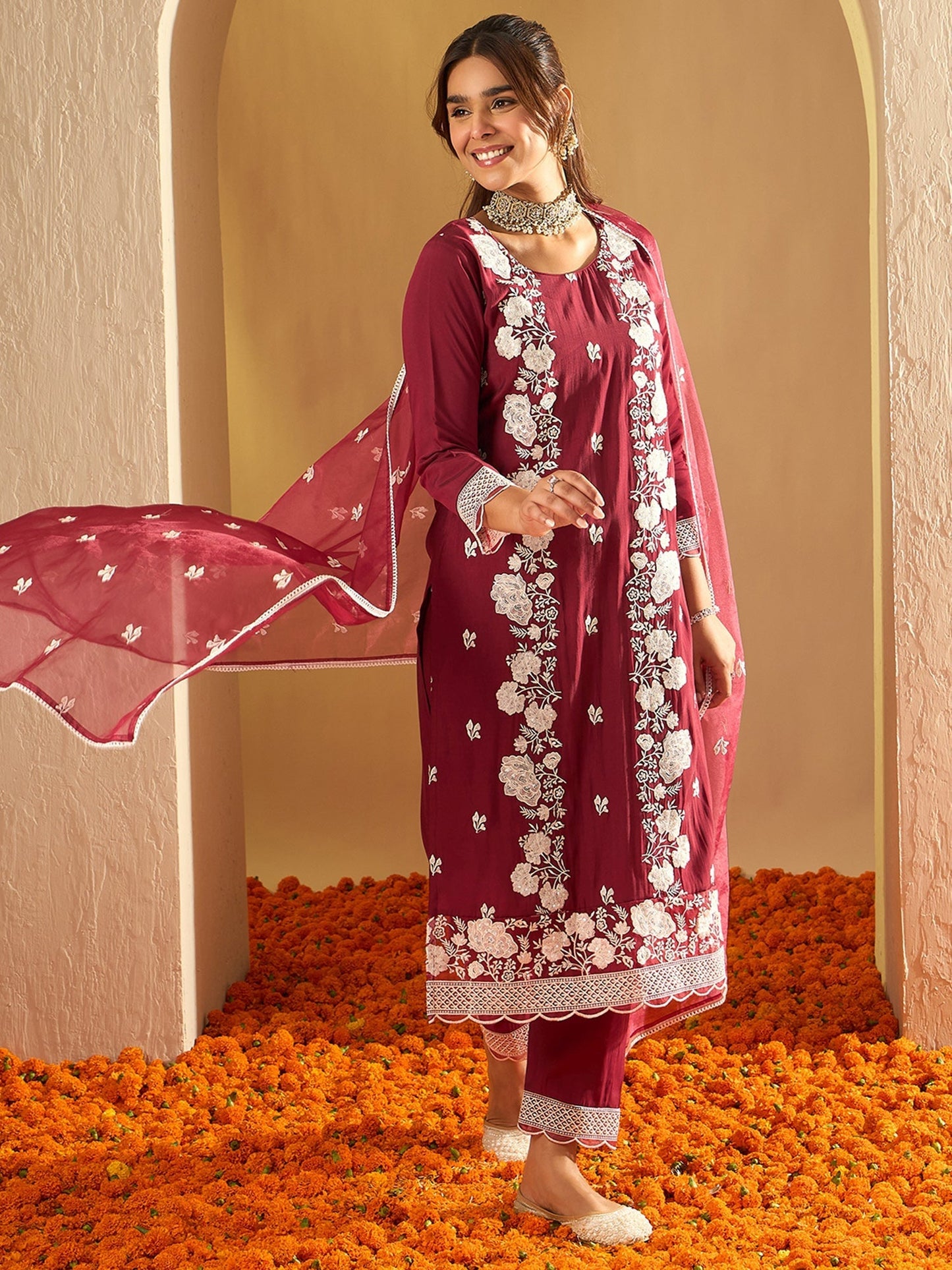 Maroon Embroidered Straight Kurta Trousers With Dupatta Set