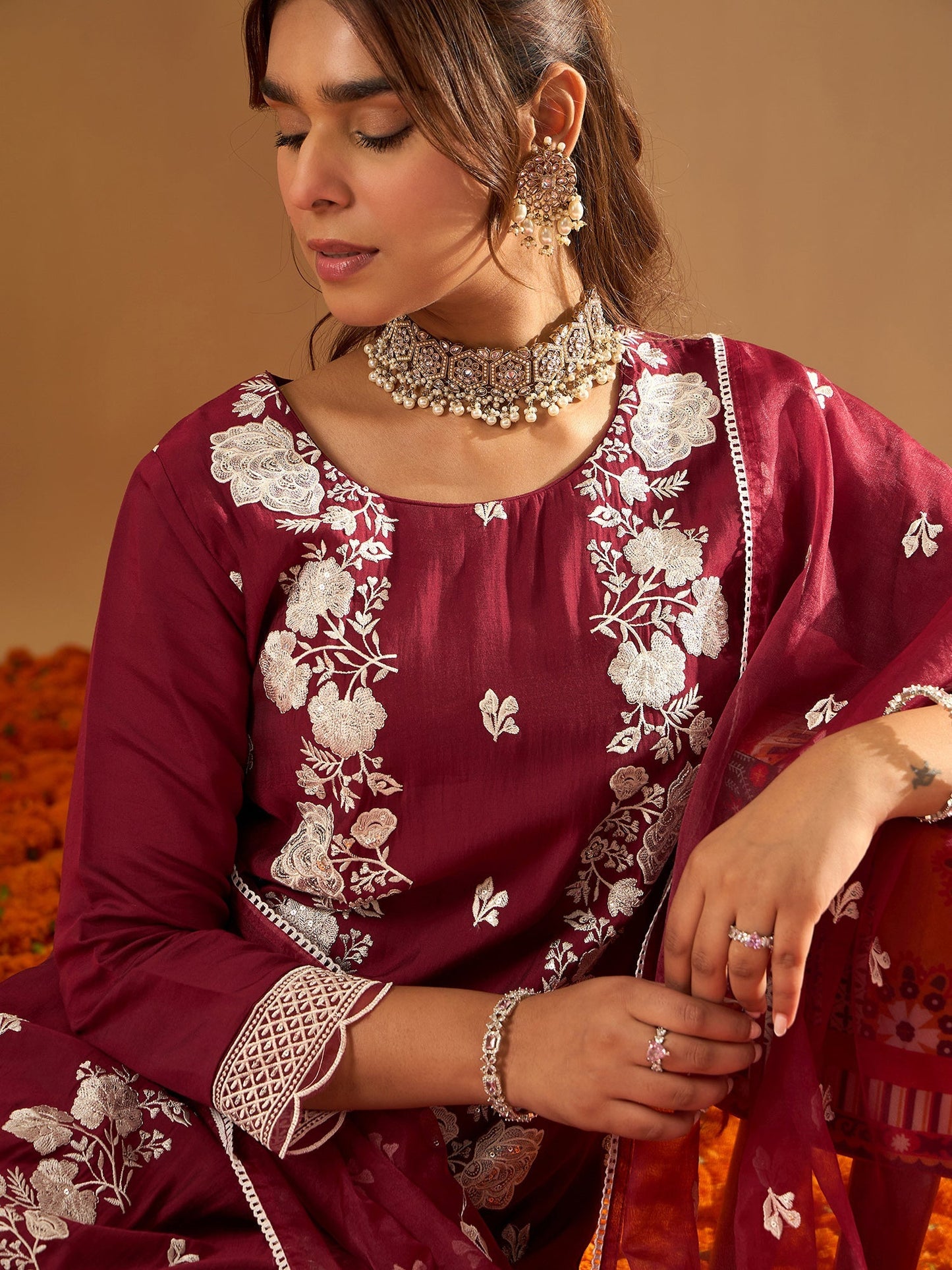 Maroon Embroidered Straight Kurta Trousers With Dupatta Set