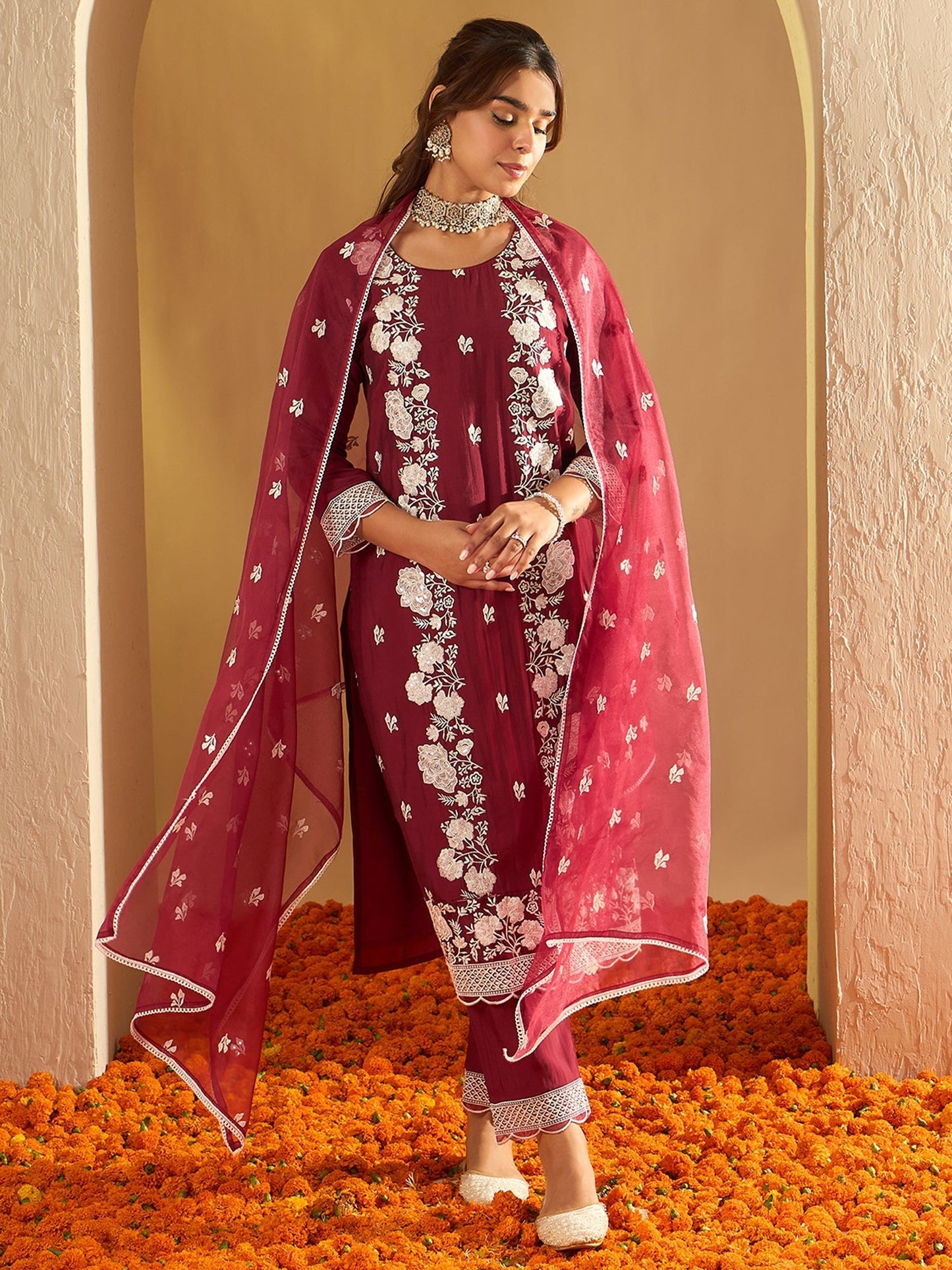 Maroon Embroidered Straight Kurta Trousers With Dupatta Set