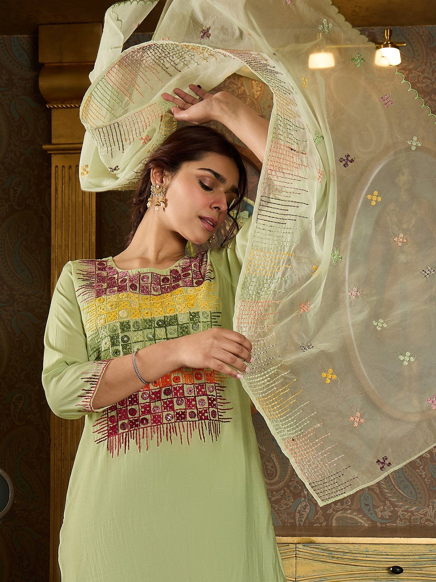 Indo Era Green Embroidered Straight Kurta Trousers With Dupatta Set
