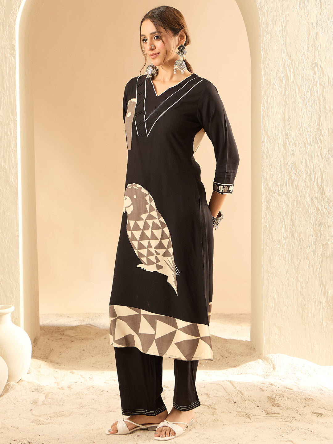Indo Era Black Printed Straight Kurta Trousers set