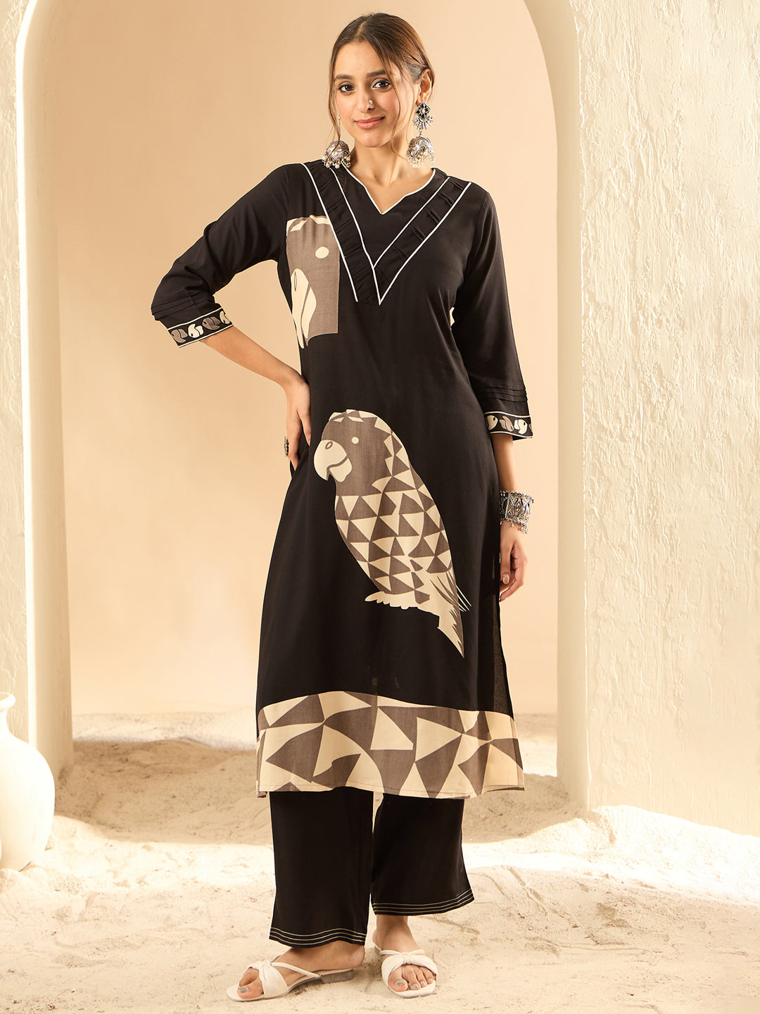 Indo Era Black Printed Straight Kurta Trousers set