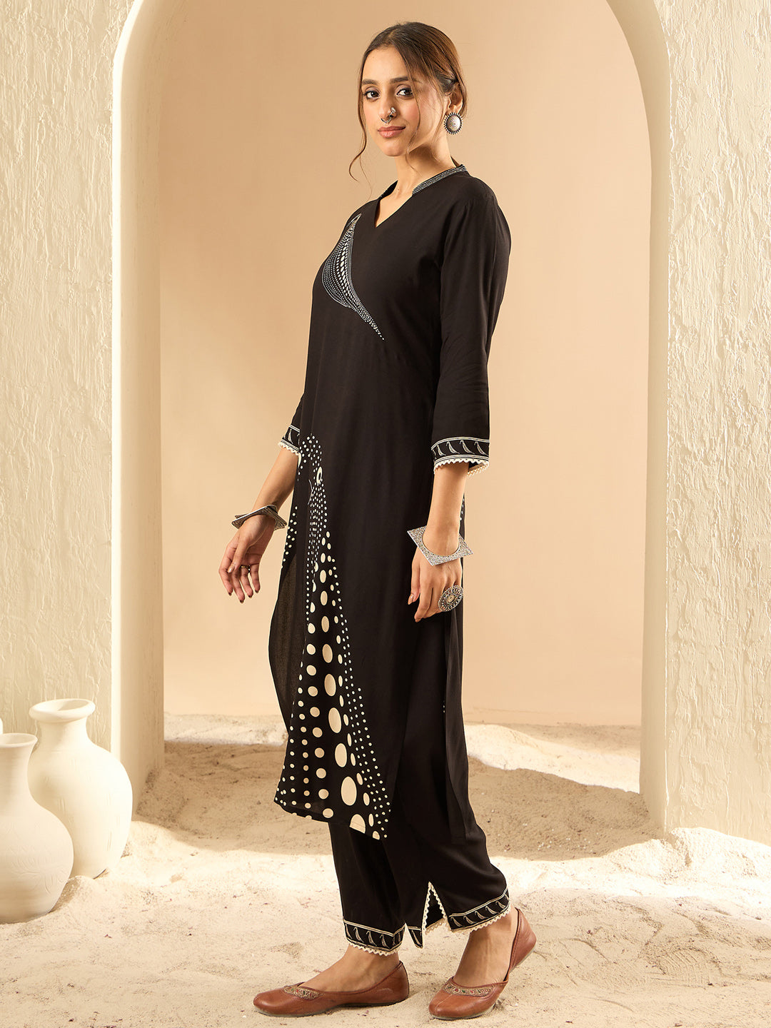 Indo Era Black Printed Straight Kurta Trousers set