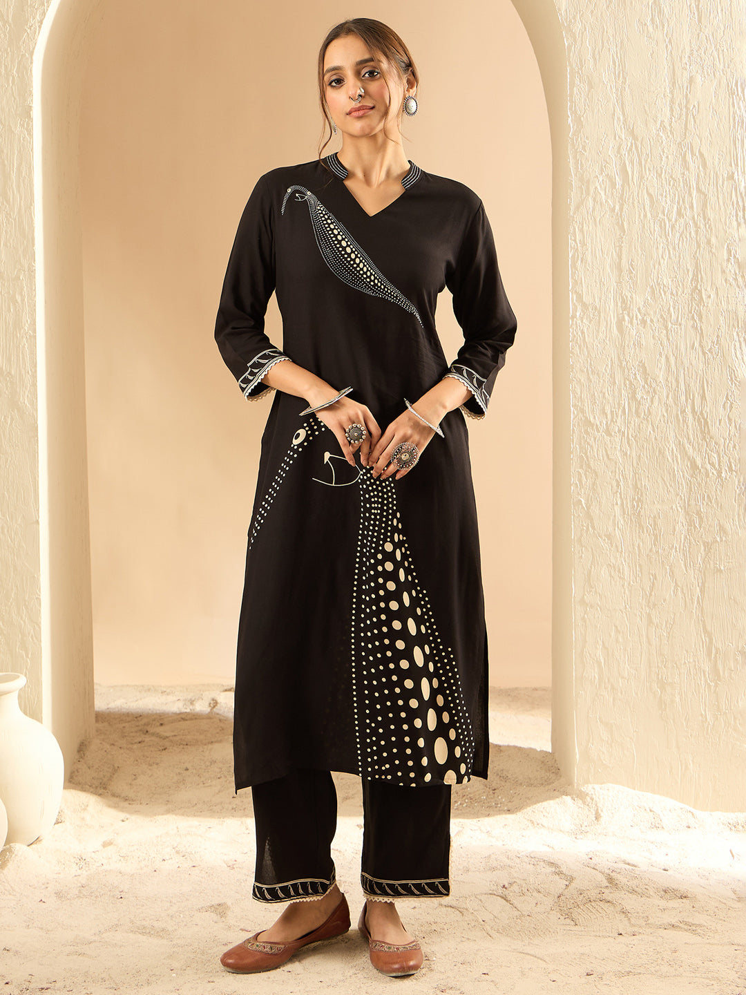 Indo Era Black Printed Straight Kurta Trousers set