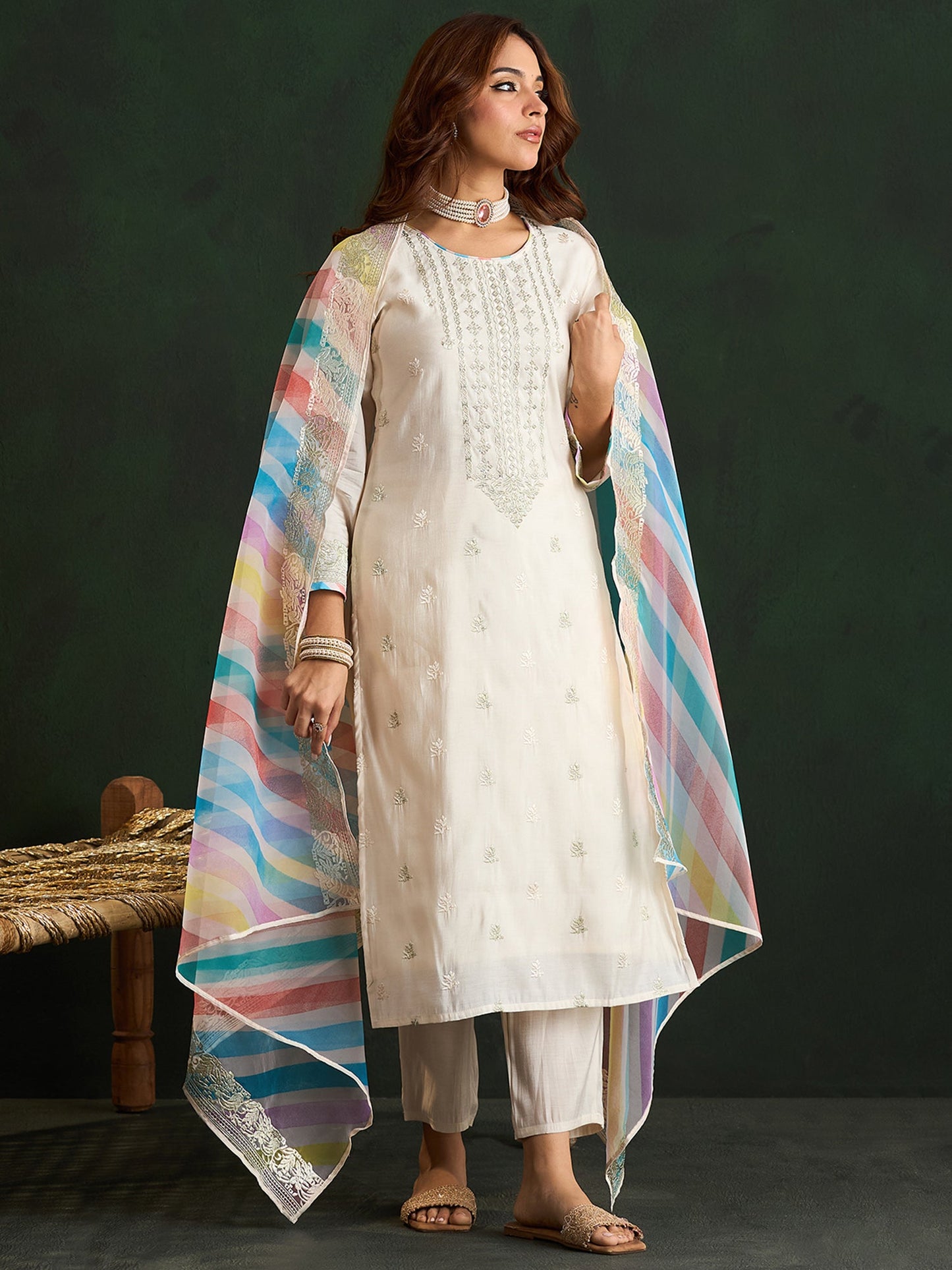 Indo Era Cream Embroidered Straight Kurta Trousers With Dupatta Set