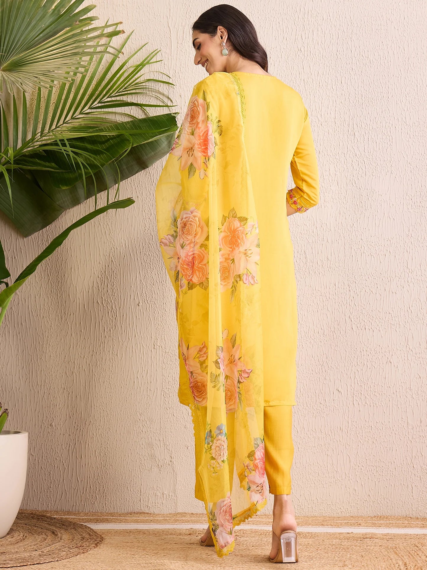 Yellow Embroidered Straight Kurta Trousers With Dupatta set