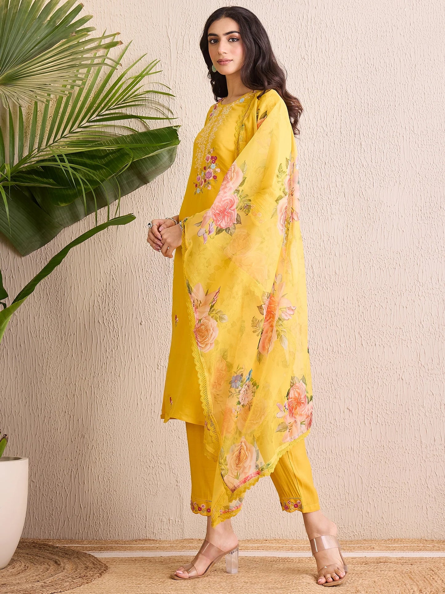 Yellow Embroidered Straight Kurta Trousers With Dupatta set