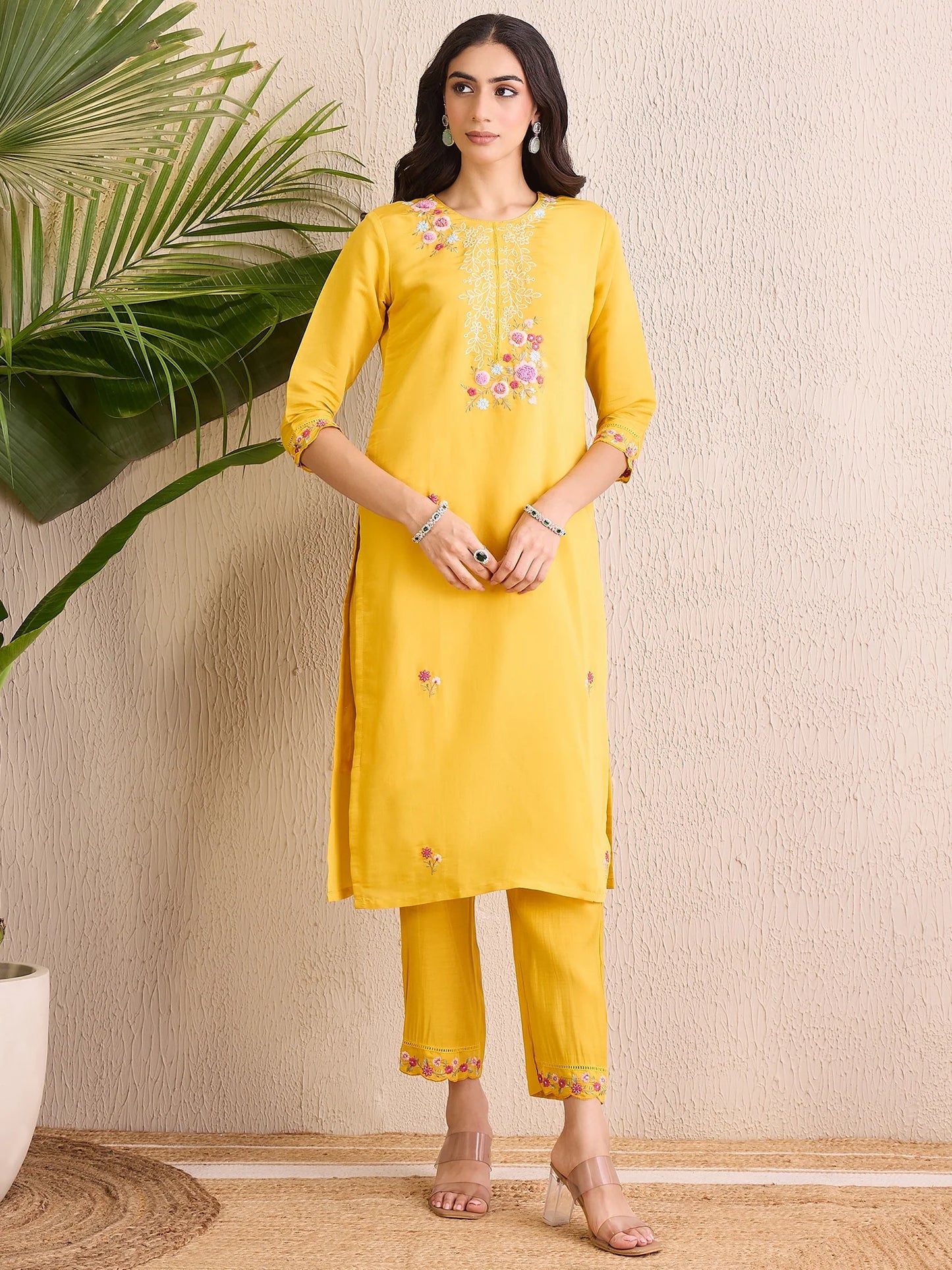 Yellow Embroidered Straight Kurta Trousers With Dupatta set