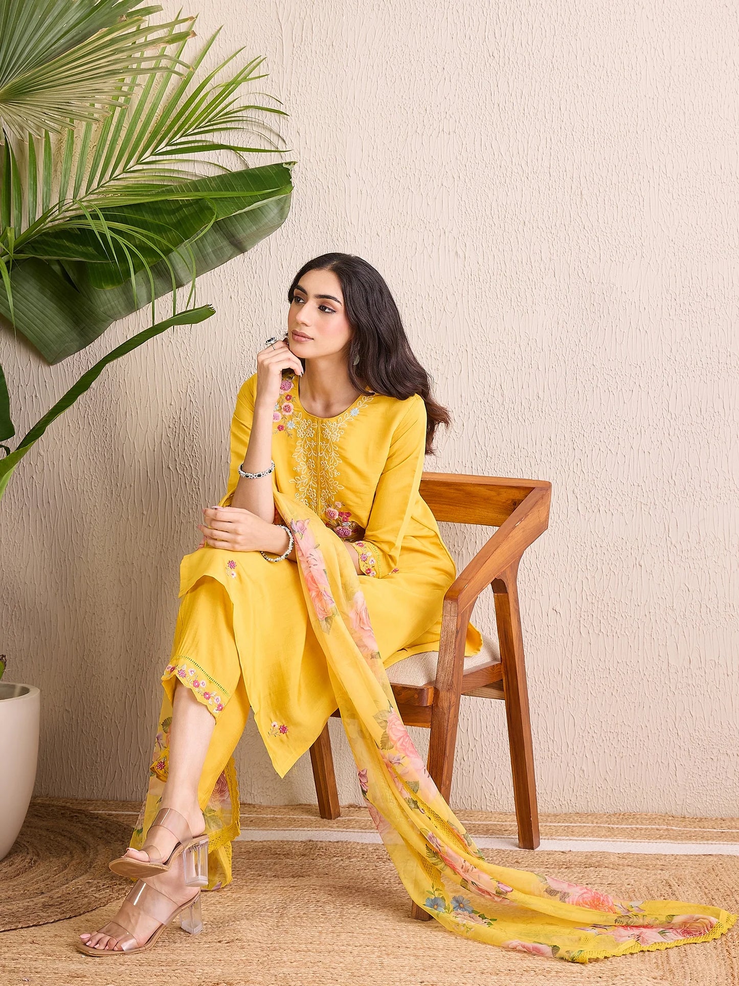 Yellow Embroidered Straight Kurta Trousers With Dupatta set