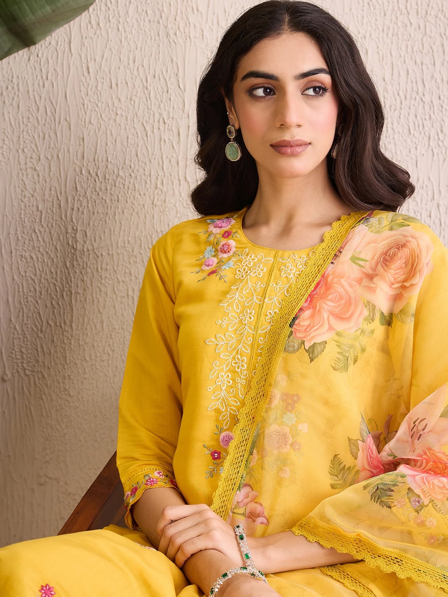 Yellow Embroidered Straight Kurta Trousers With Dupatta set