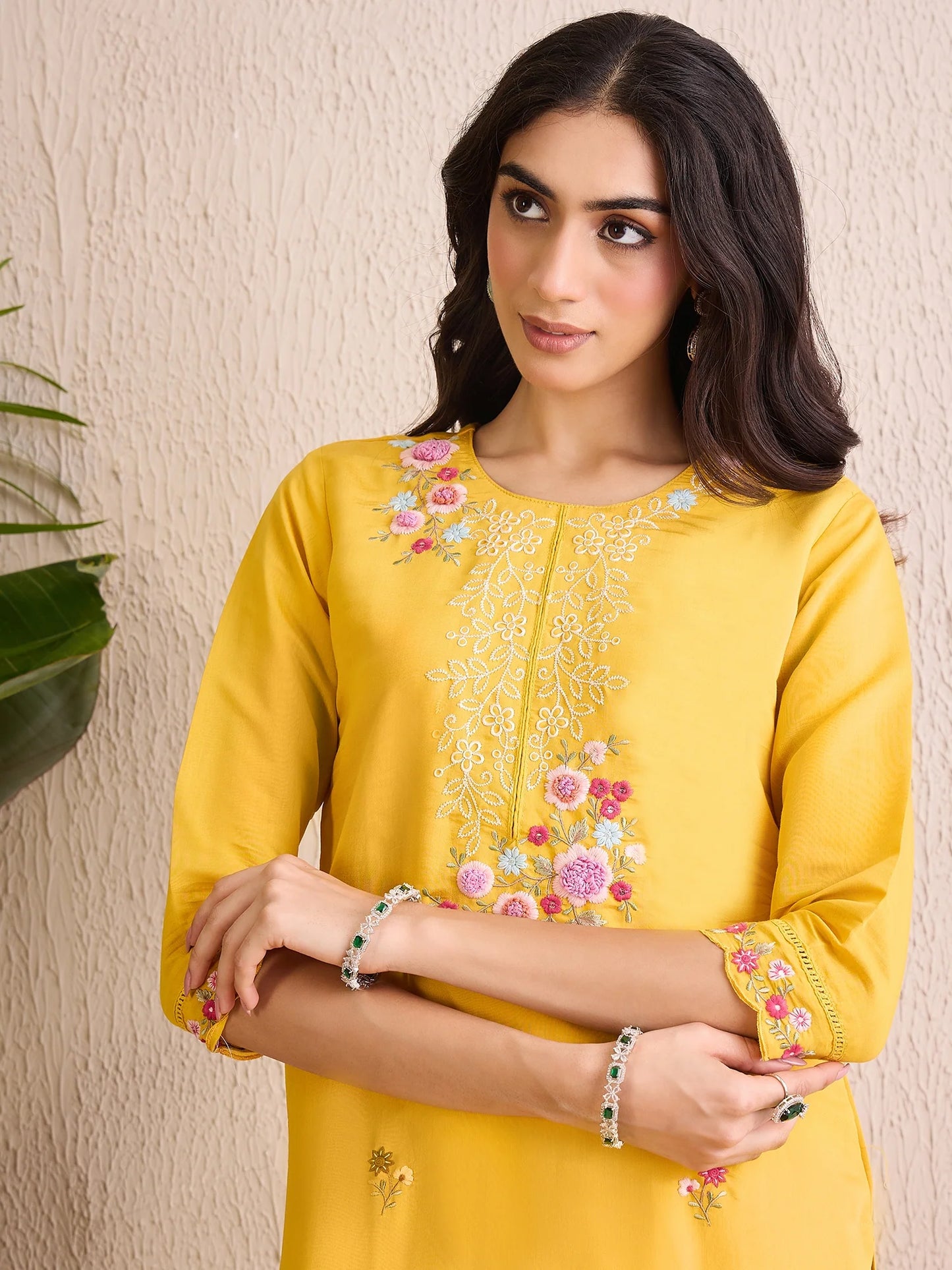 Yellow Embroidered Straight Kurta Trousers With Dupatta set