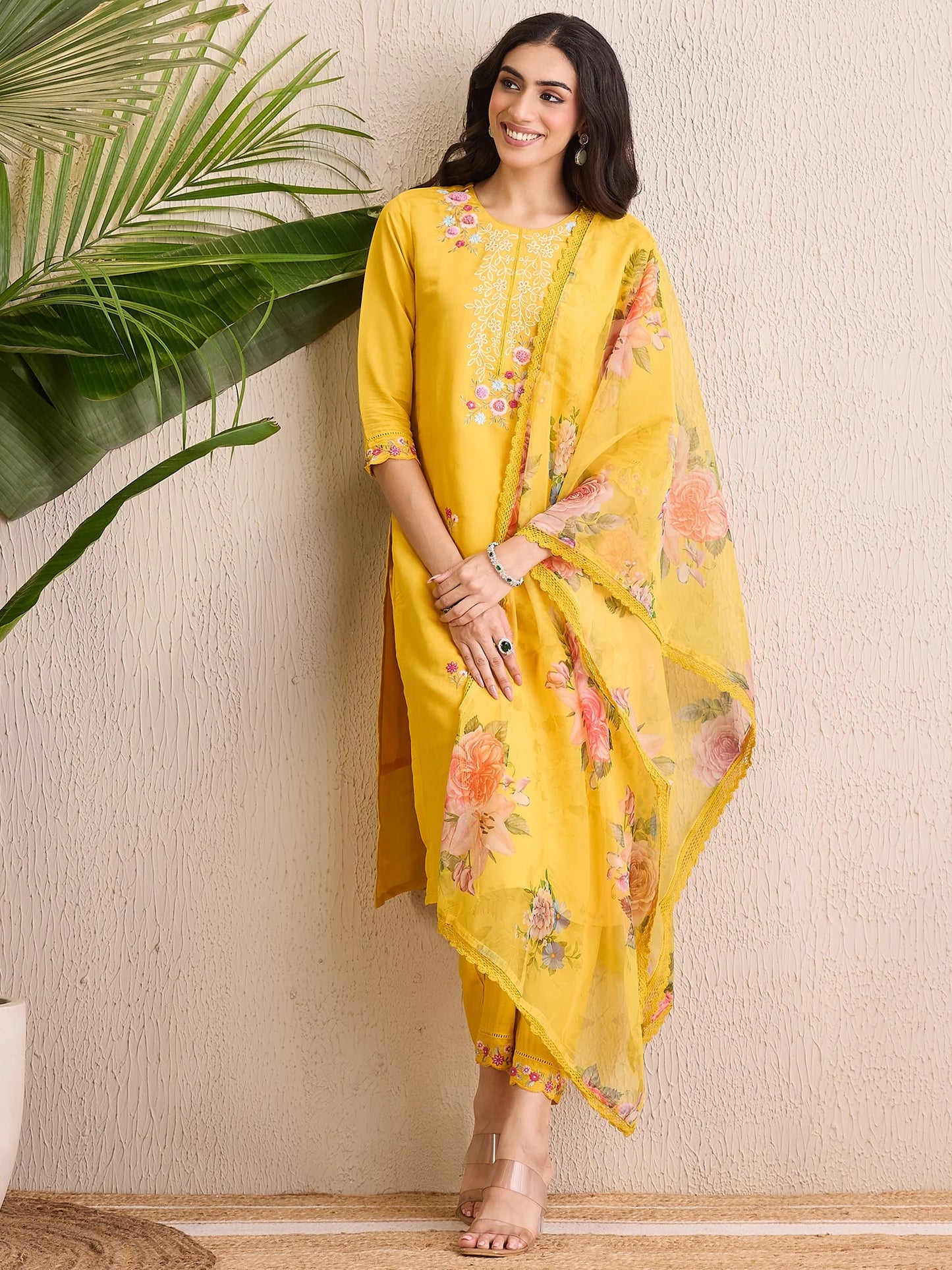 Yellow Embroidered Straight Kurta Trousers With Dupatta set