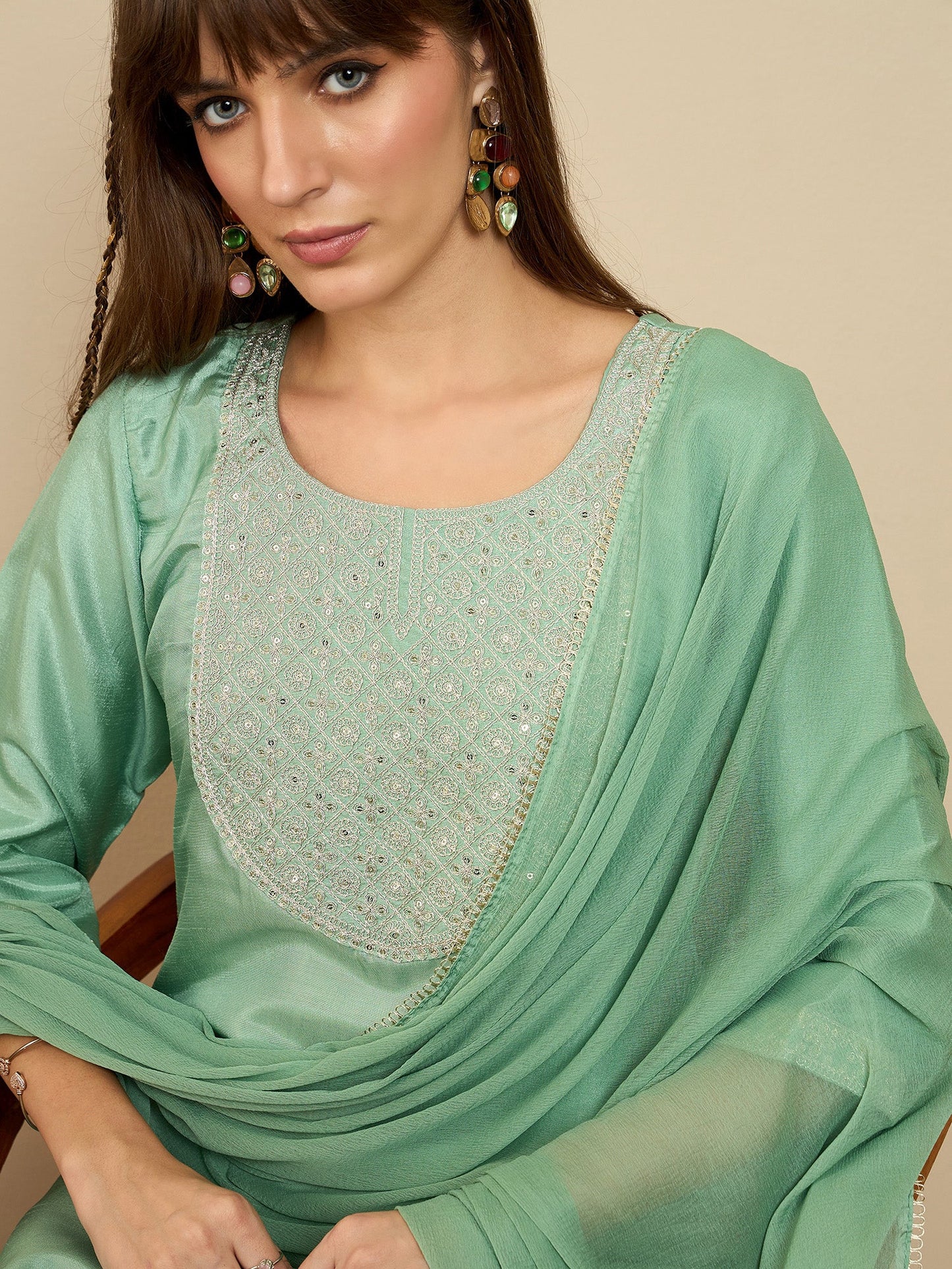 Indo Era Green Embroidered Straight Kurta Trousers With Dupatta Set