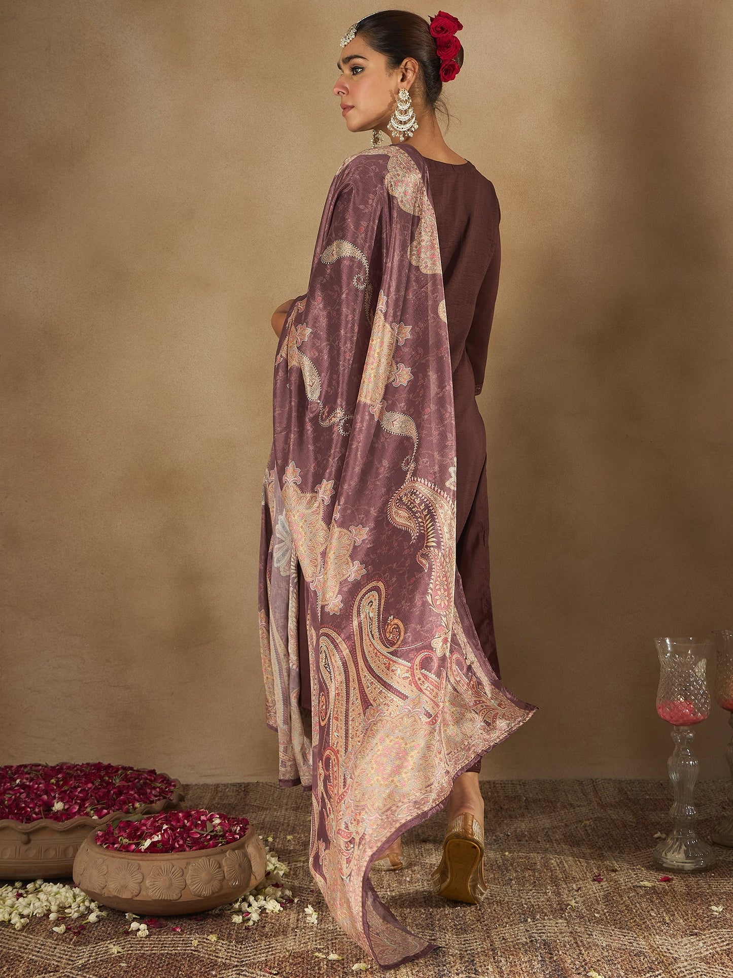 Indo Era Burgundy Embroidered Straight Kurta Trousers With Dupatta set