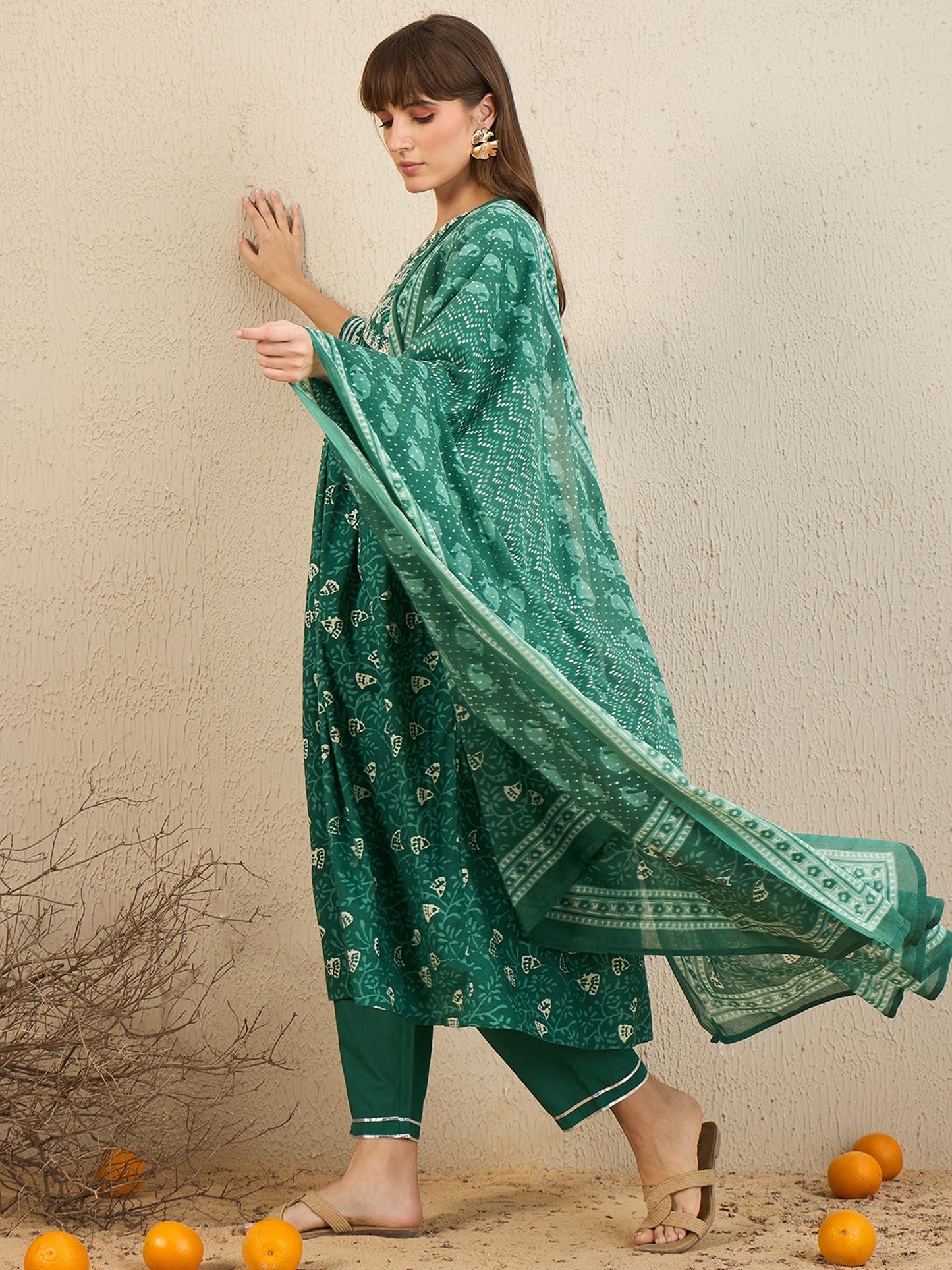 Indo Era Green Embroidered A-Line Kurta Trousers With Dupatta Set