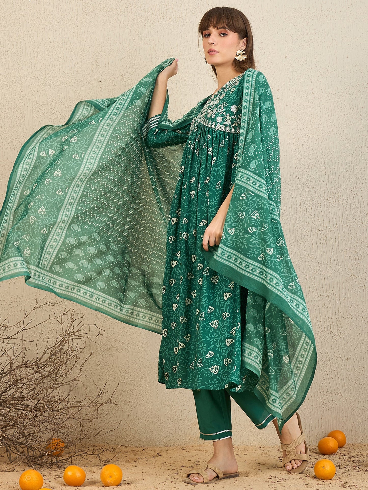 Indo Era Green Embroidered A-Line Kurta Trousers With Dupatta Set