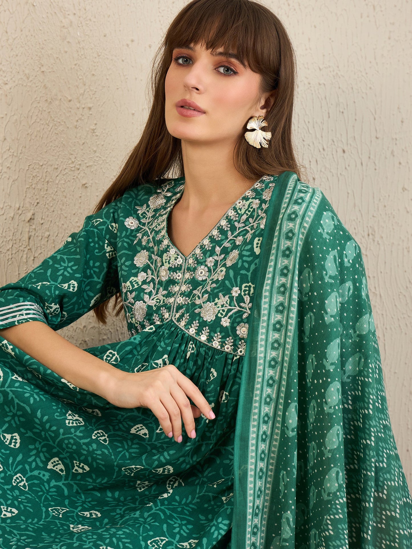 Indo Era Green Embroidered A-Line Kurta Trousers With Dupatta Set