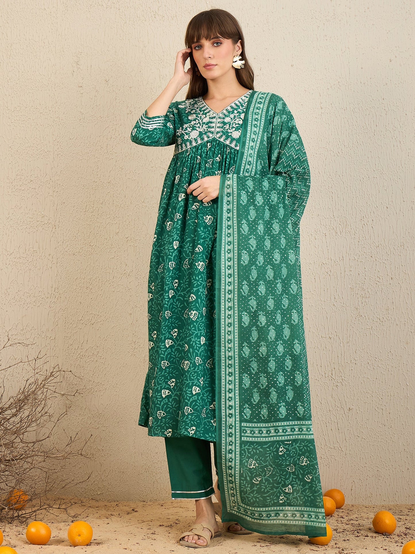 Indo Era Green Embroidered A-Line Kurta Trousers With Dupatta Set