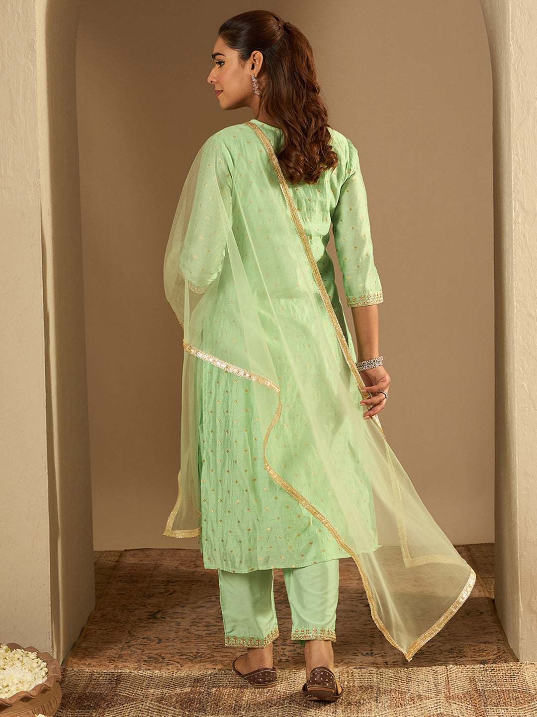 Indo Era Green Embroidered Straight Kurta Trousers With Dupatta Set