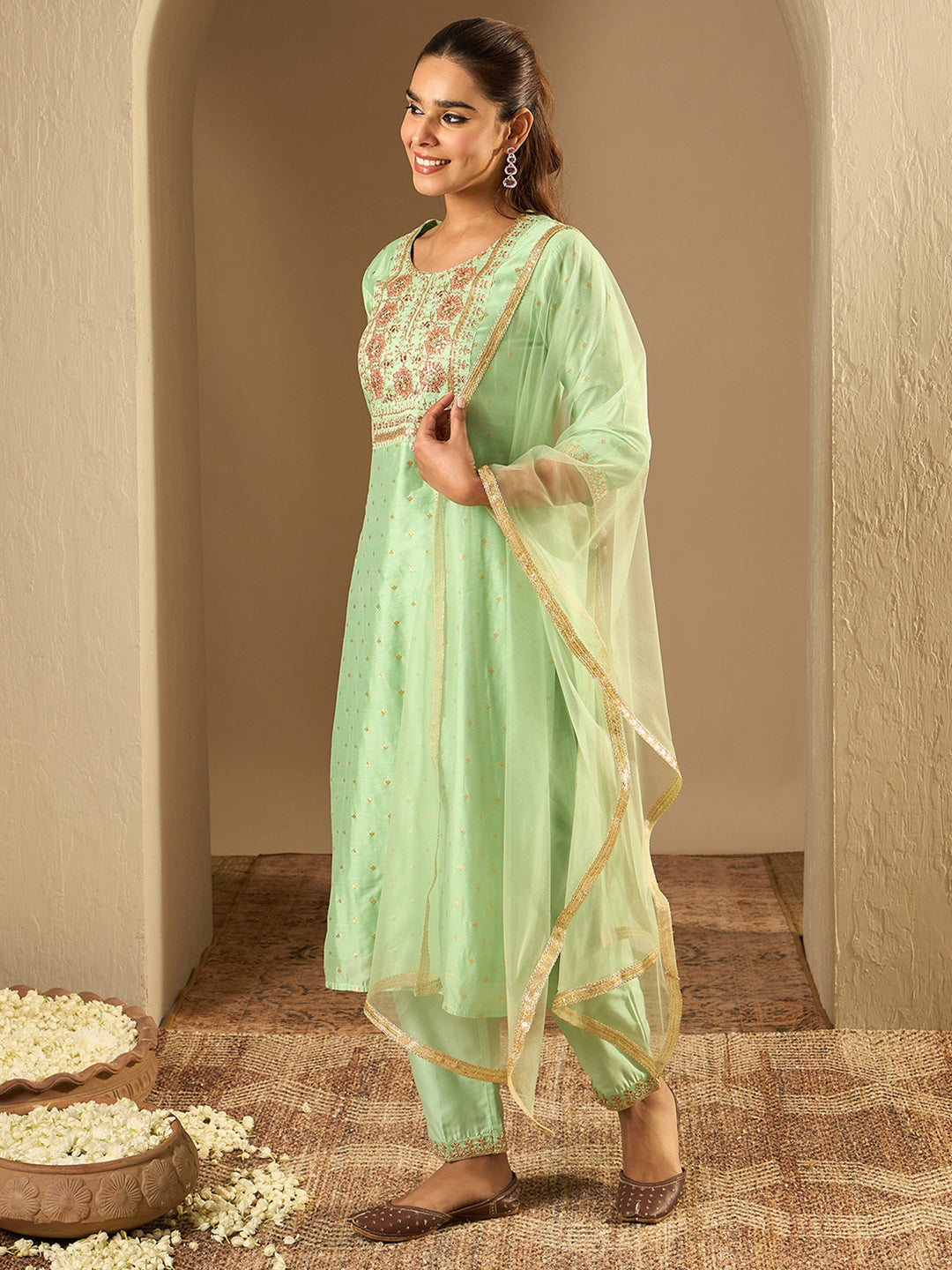 Indo Era Green Embroidered Straight Kurta Trousers With Dupatta Set