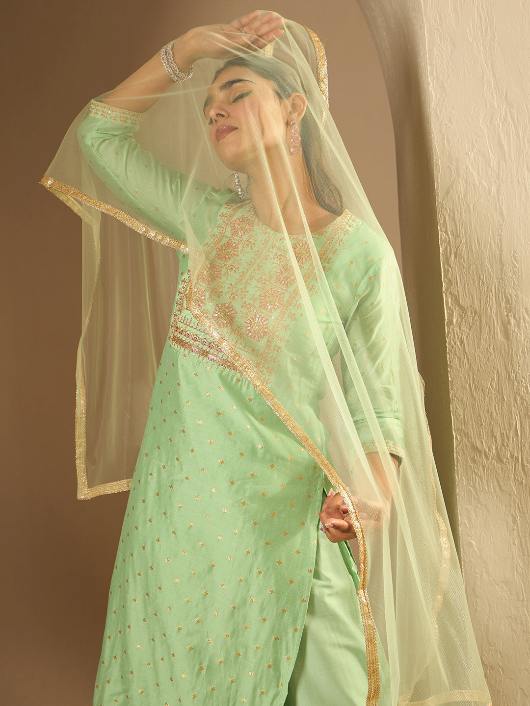 Indo Era Green Embroidered Straight Kurta Trousers With Dupatta Set