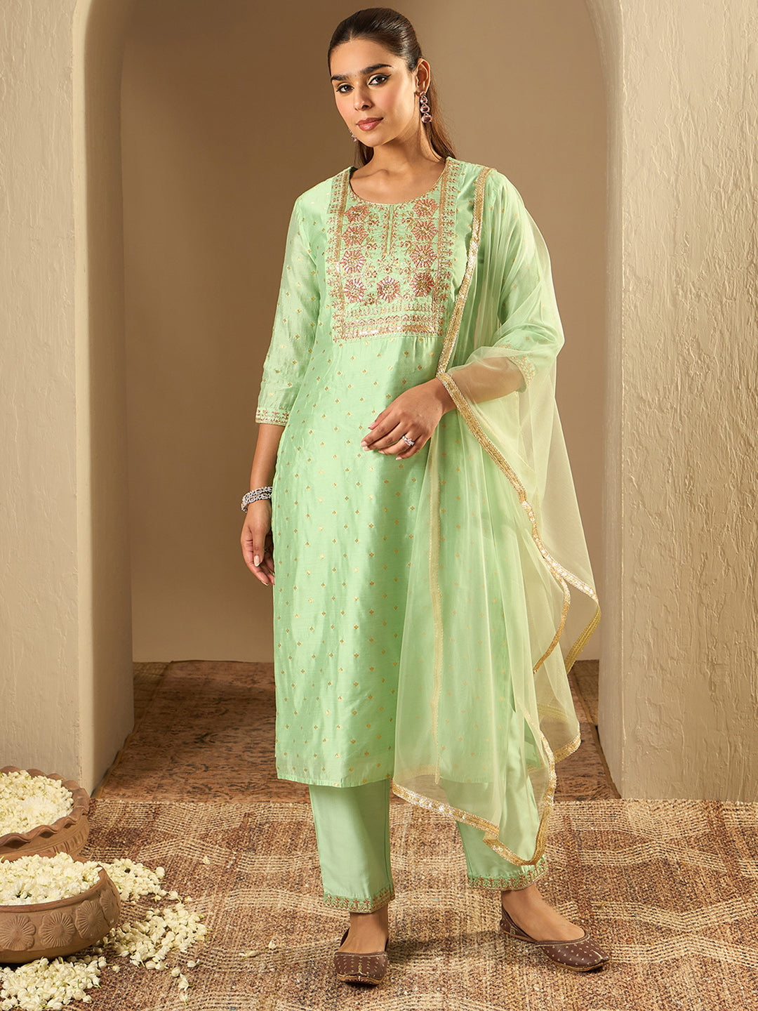 Indo Era Green Embroidered Straight Kurta Trousers With Dupatta Set