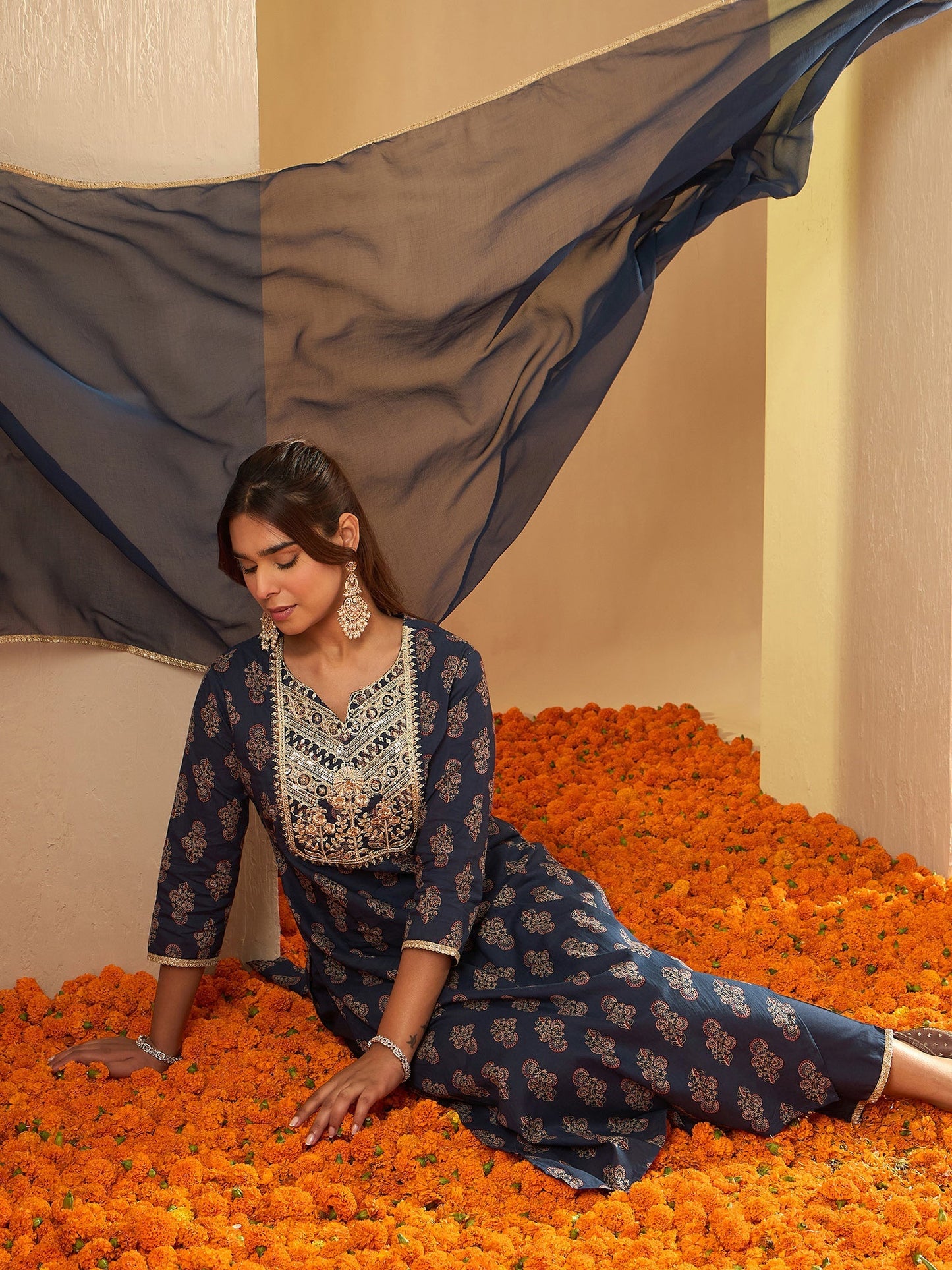 Indo Era Blue Embroidered Straight Kurta Palazzos With Dupatta Set