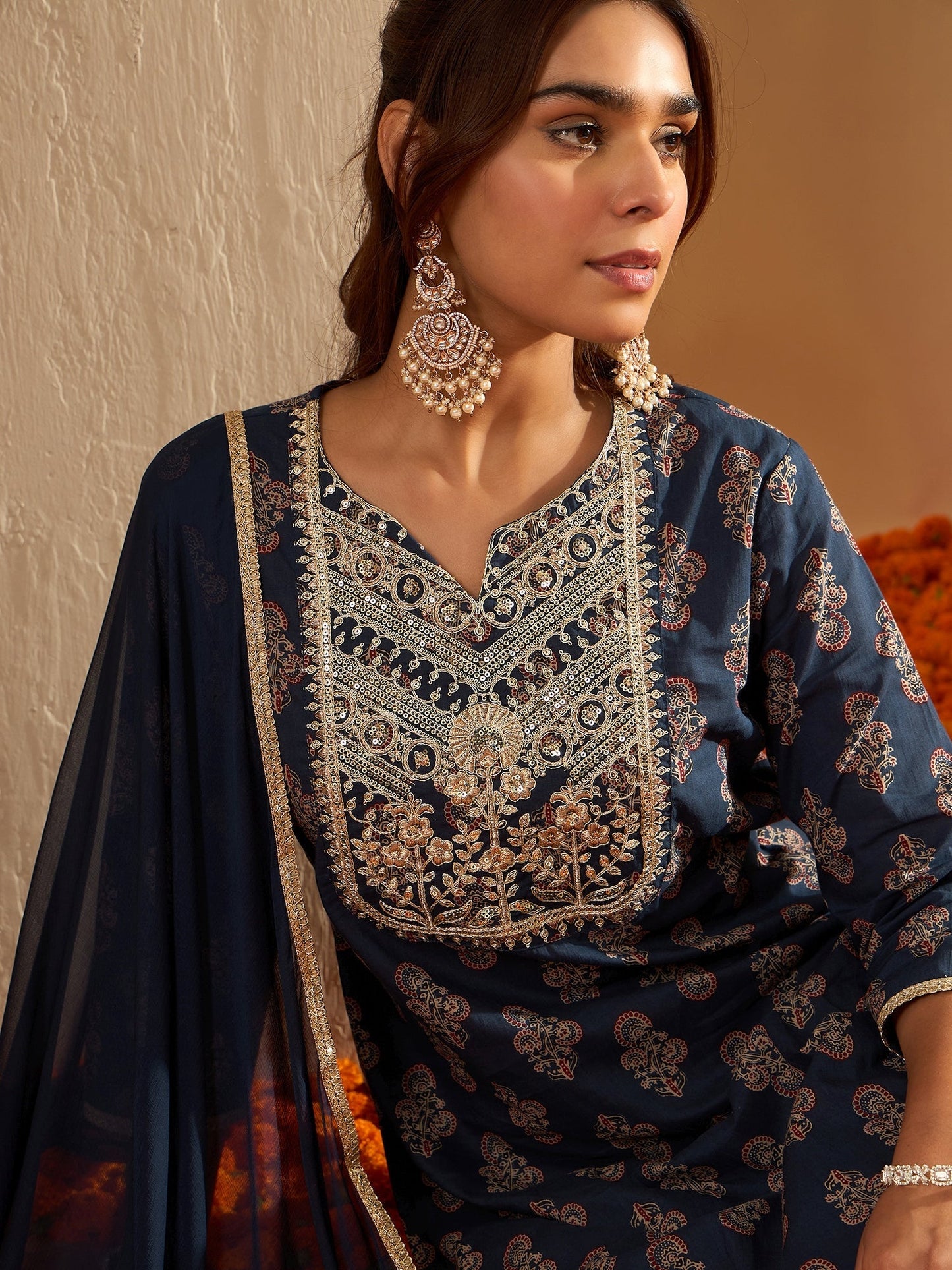 Indo Era Blue Embroidered Straight Kurta Palazzos With Dupatta Set