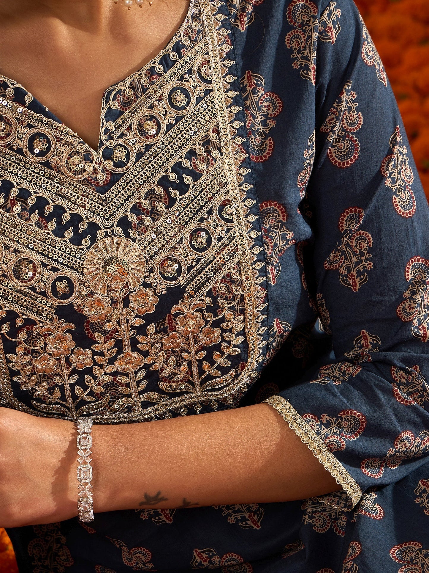 Indo Era Blue Embroidered Straight Kurta Palazzos With Dupatta Set