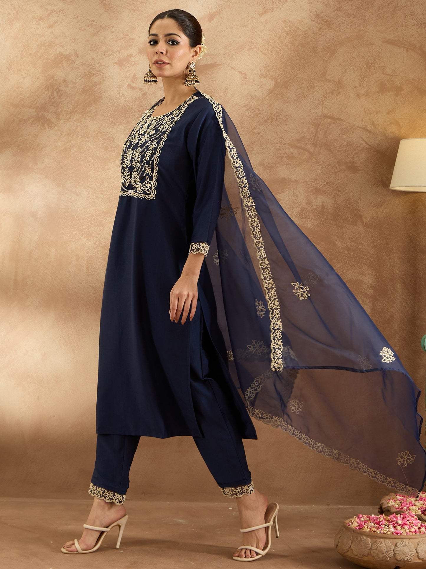 Indo Era Blue Embroidered Straight Kurta Trousers With Dupatta Set