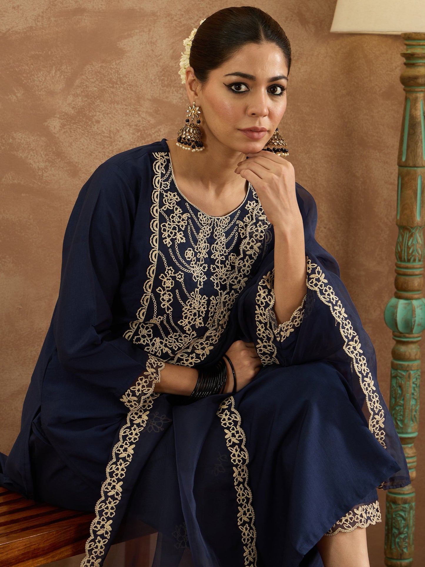 Indo Era Blue Embroidered Straight Kurta Trousers With Dupatta Set