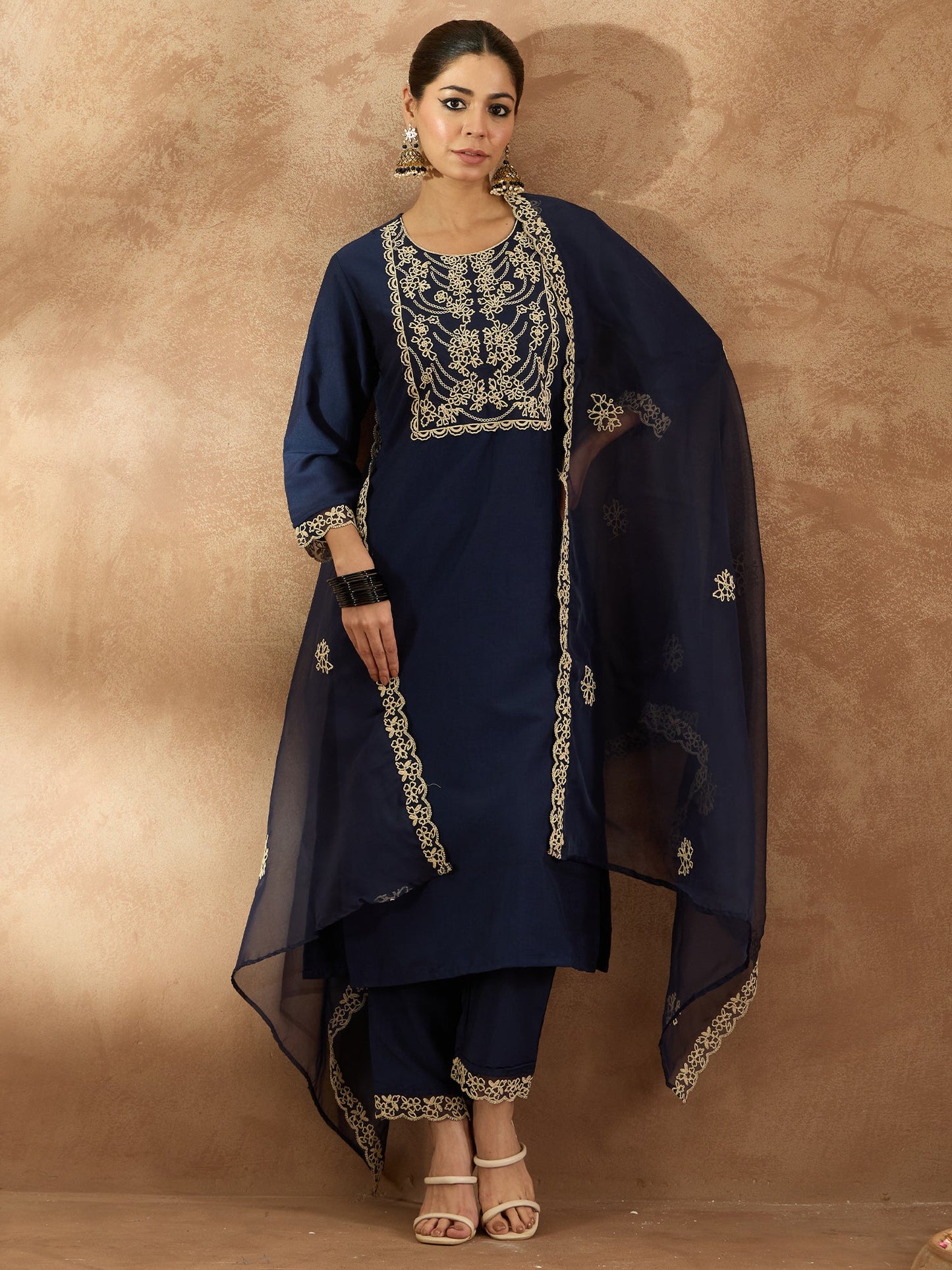 Indo Era Blue Embroidered Straight Kurta Trousers With Dupatta Set