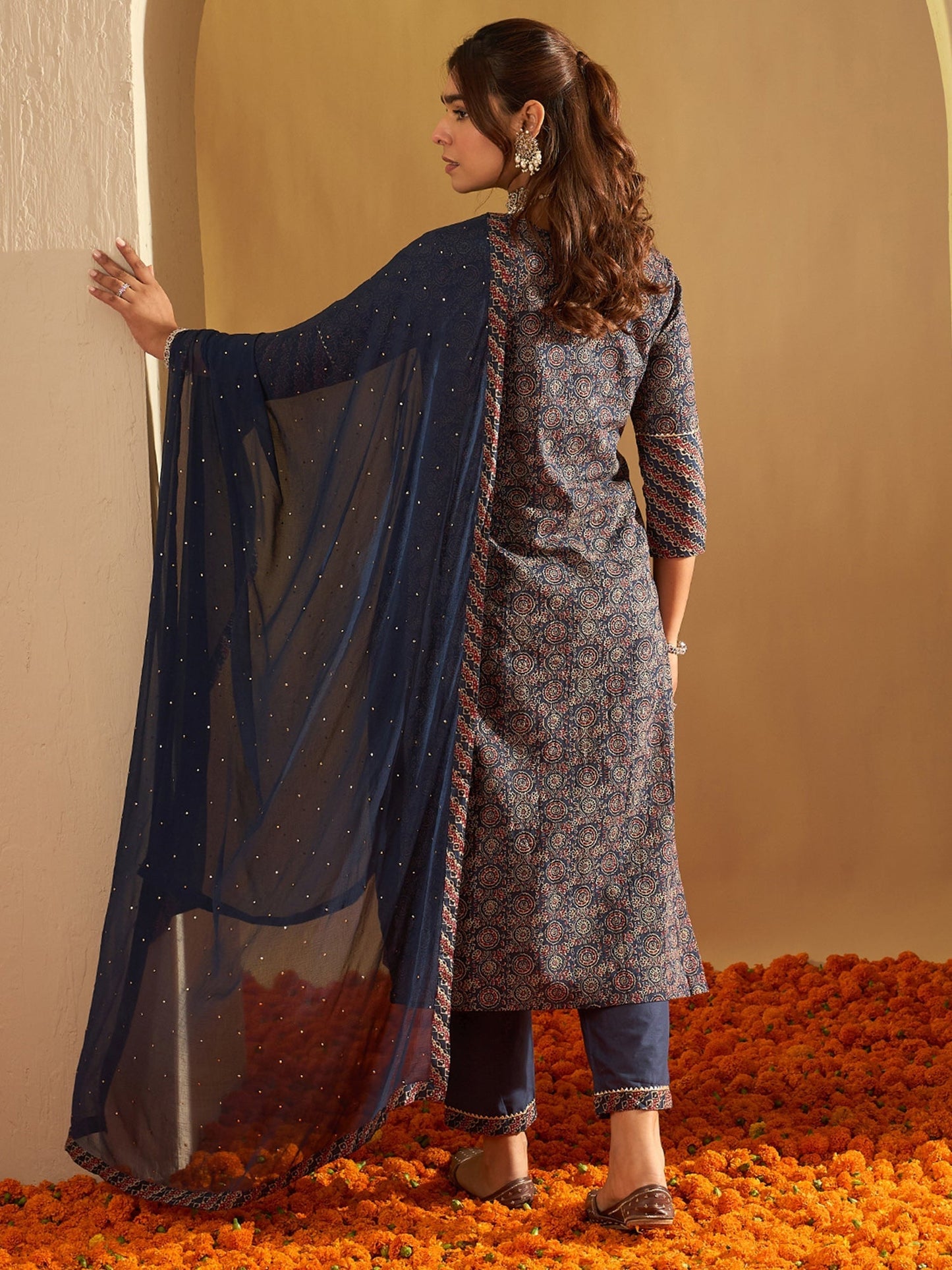 Indo Era Blue Printed Straight Kurta Trousers With Dupatta set