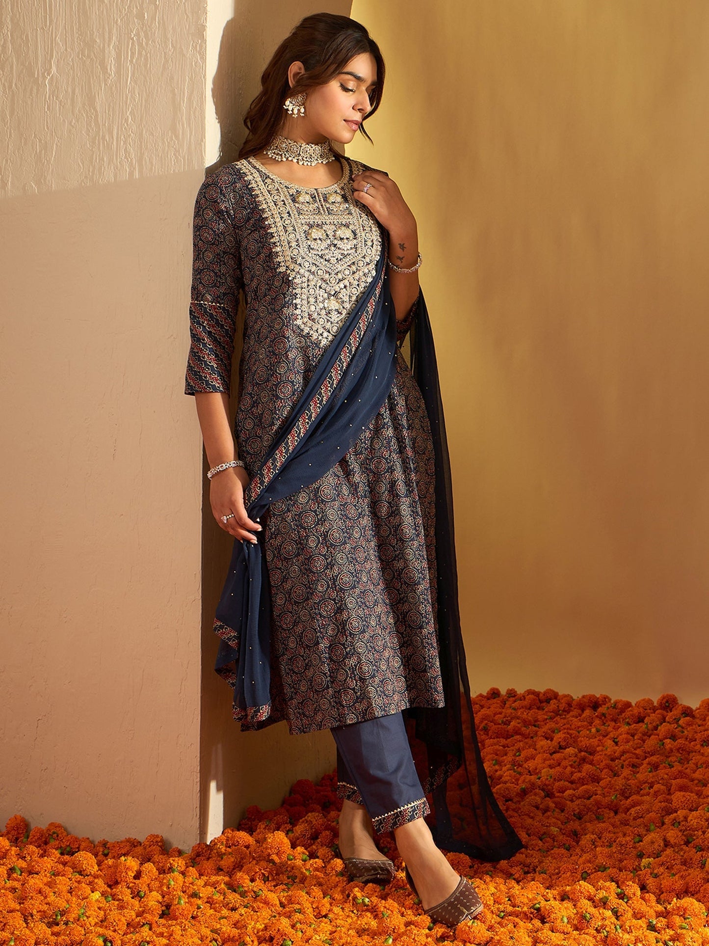 Indo Era Blue Printed Straight Kurta Trousers With Dupatta set