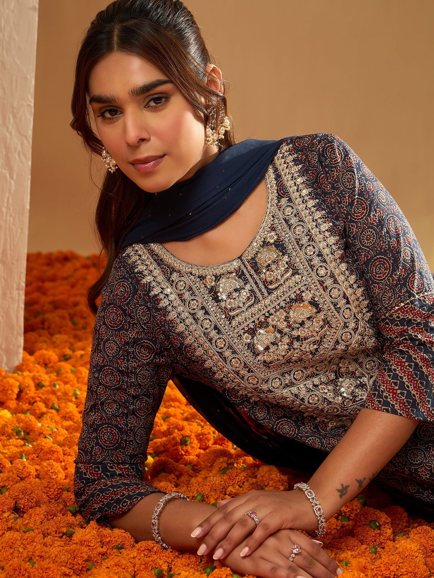 Indo Era Blue Printed Straight Kurta Trousers With Dupatta set