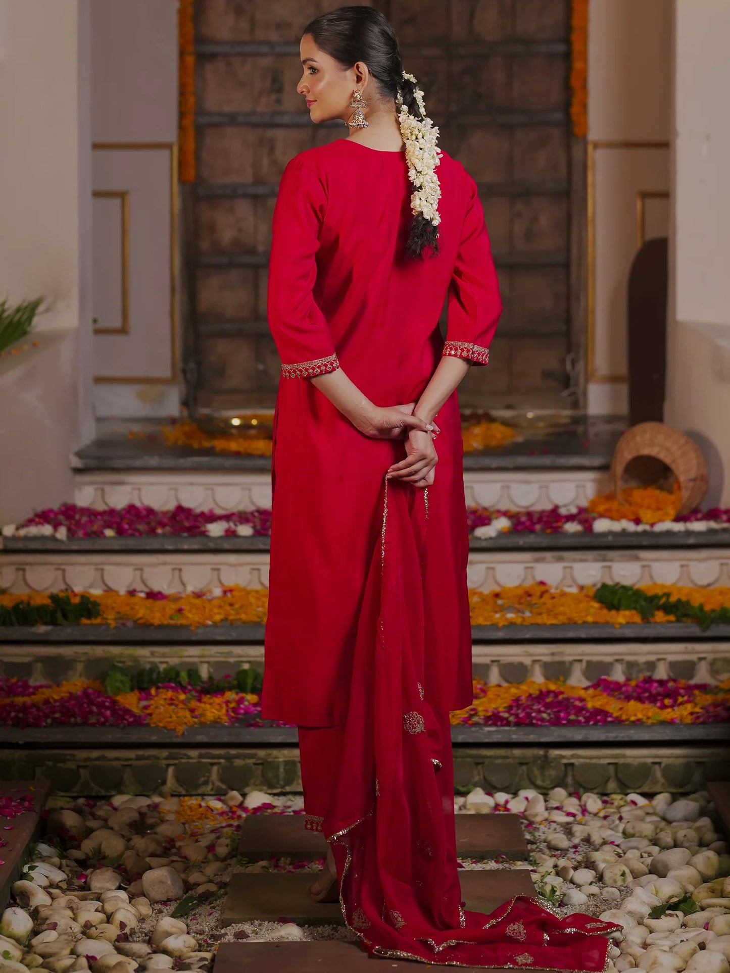 Red Embroidered Straight Kurta Trousers With Dupatta Set
