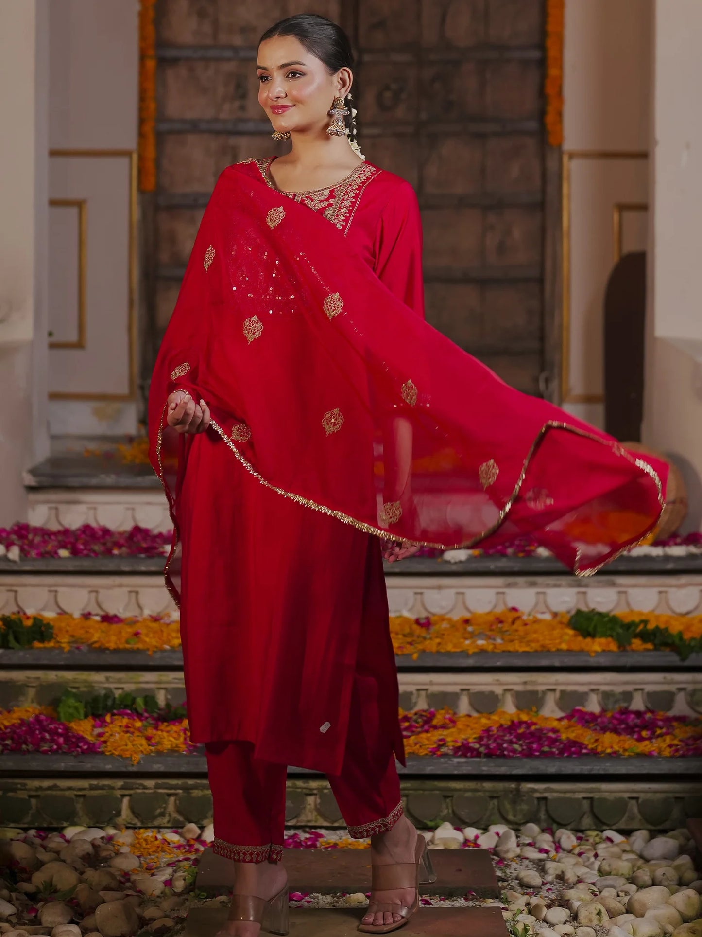 Red Embroidered Straight Kurta Trousers With Dupatta Set