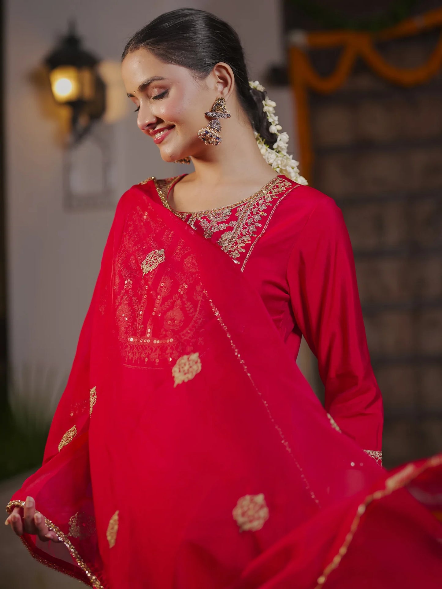 Red Embroidered Straight Kurta Trousers With Dupatta Set