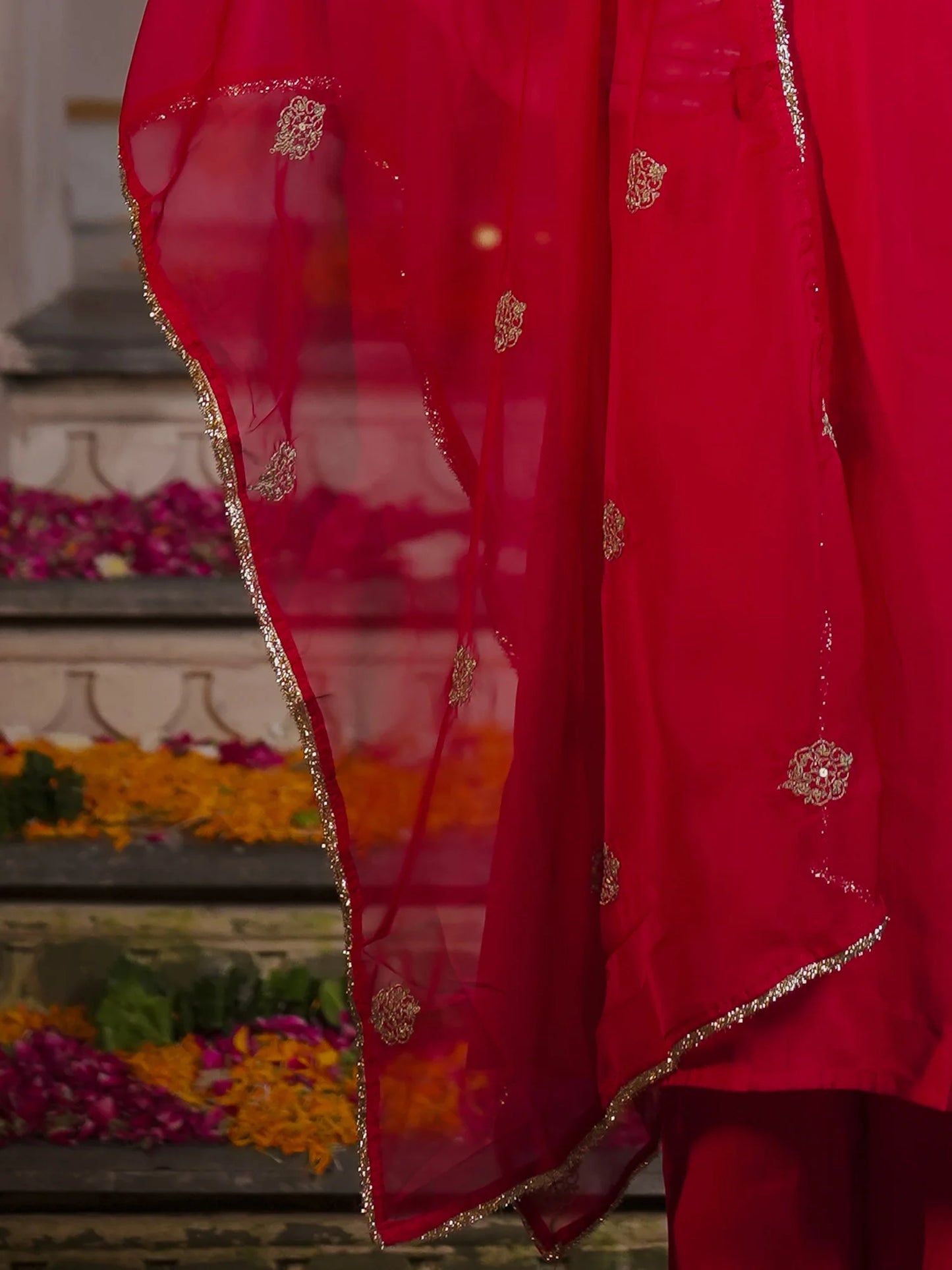 Red Embroidered Straight Kurta Trousers With Dupatta Set