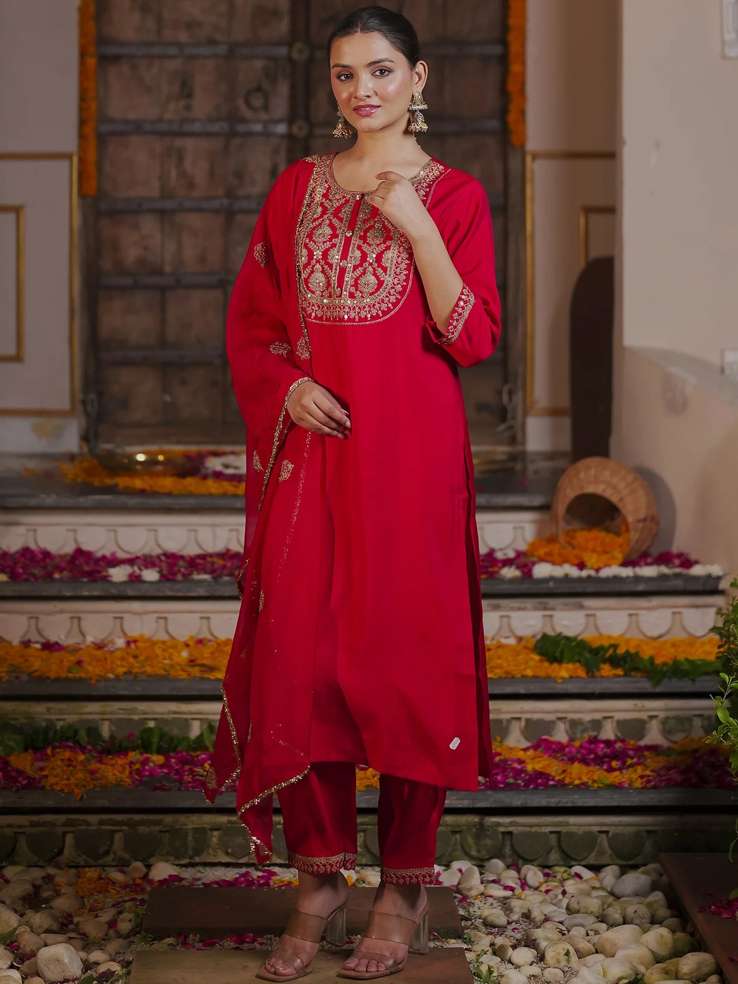 Red Embroidered Straight Kurta Trousers With Dupatta Set
