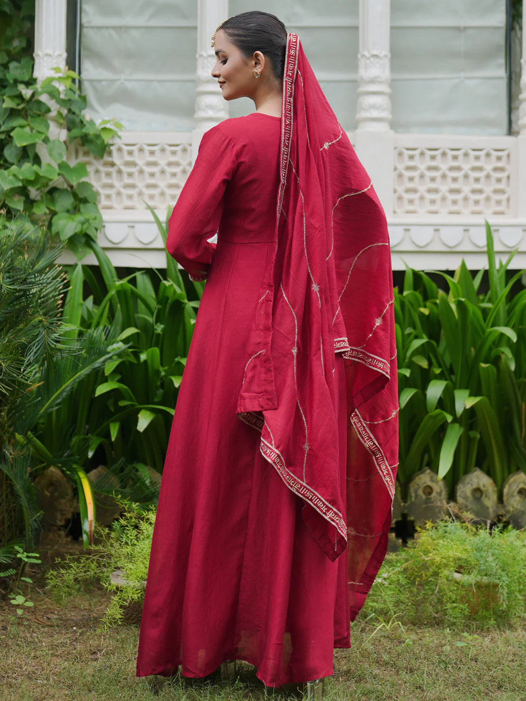 Red Embroidered Anarkali Kurta Trousers With Dupatta Set