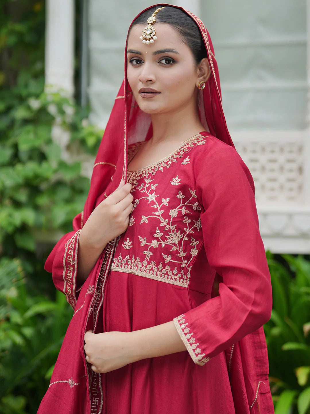Red Embroidered Anarkali Kurta Trousers With Dupatta Set